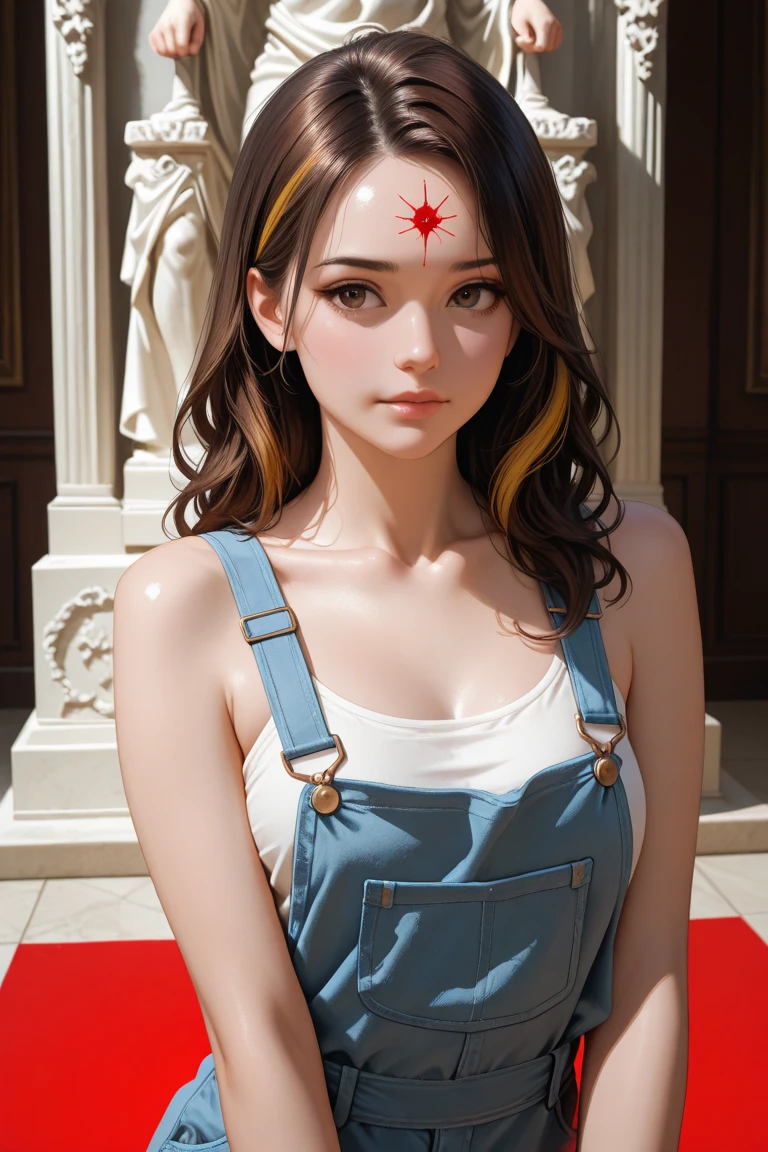 A hyper-realistic, digital-painting-style figure of a young man, resembling a finely sculpted statue. His tousled hair is a rich, dark brown, slightly wavy and textured with depth. His skin has an olive tone with cool undertones, maintaining the glossy, polished sheen that gives him a lifelike yet artistic appearance. Light reflects off his skin in a way that highlights the sharp lines of his face, collarbones, and chest. Adding a dramatic twist, there are vivid splashes of blood across his face—scattered on his cheekbones, near his lips, and lightly streaked down from his forehead—creating a striking contrast against his otherwise serene, statuesque expression. The overall composition balances beauty, intensity, and a mythological edge.