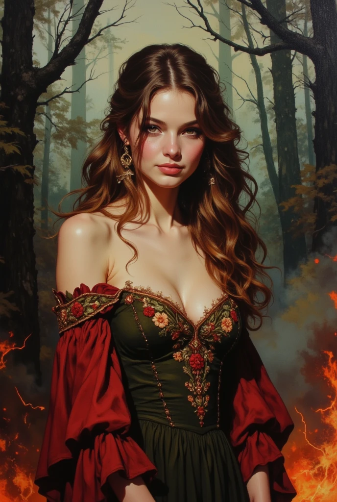 oil painting, sexy woman, 20 years old, blonde, hairstyle, smile, dark green elegant dress with rich embroidery, watercolor background of a gloomy forest, black fog, dynamic pose, roaring magic around, fire on the ground, lightning in the sky, portrait, looking straight into the camera, large strokes, high quality details