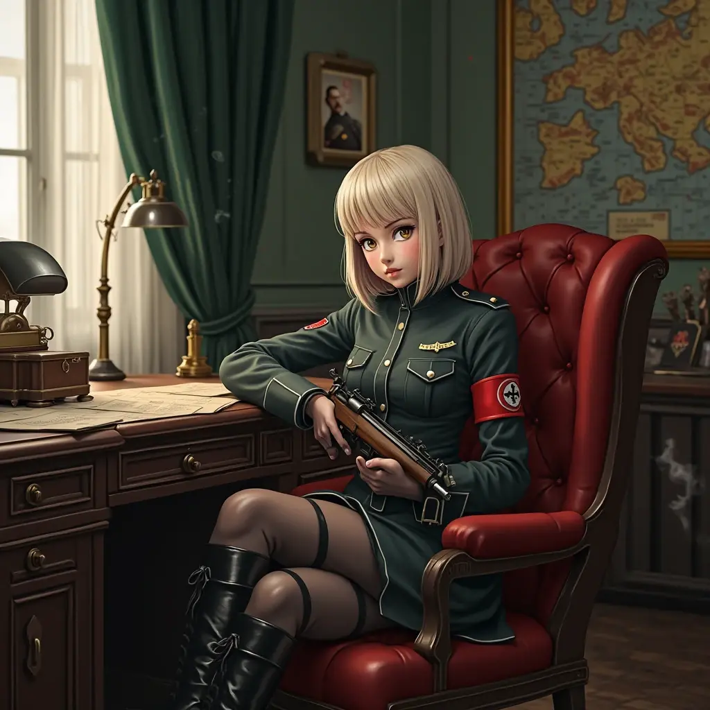 "MP40 from Girls' Frontline in hyperdetailed realistic anime style, Wearing a German WWII jersey uniform (Feldgra impeccable, rigid shoulder pads, discreet eagle badge on the right arm, polished black boots and leather belt with metal buckle). Sitting elegantly at the edge of a rotoise desk in a Nazi office (1943), with one leg crossed over the other, holding her MP40 with wooden butt on her lap. His hair is short and a deep platinum blonde, combed with military precision, contrasting with her cold and penetrating amber eyes. A ceremonial dagger is firmly nailed In classified documents on the desk.  

> *Key Details:  
> - Face: Sharp but impeccable features, pale skin, serene but calculating expression.  
> - Atmosphere : Luxurious but oppressive office (dark green velvet curtains, strategic map of Europe on the wall with red pins, black disc telephone, cigarette smoke floating in the air).  
> - Lightning:  dramatic chiaroscuro , warm light from a brass lamp casting long shadows suggesting silent vigilance.  
> - Touch sinister: Frame with photo of Hitler Dupside-down, Pendulum clock stopped at 3:00 am.  

> Visual Style: level of detail 8K (texture of the wool of the uniform, luster of the leather of the boots, metallic reflections on the dagger and the gun). Artistic inspiration between 'Valkyria Chronicles' and 'Wolfenstein', with a perfect balance between stylized anime and tactical realism. Negative prompt: 'smiling, visible blood, chaos, cartoon style, modern, pelo largo, excess jewelry'."  

*Technical Configuration:*  
- *model:* sdxl + Realistic Vision V6.0 
- *Resolution:* 1024x1536px (vertical)  
- * Sampler :* DPM++ 2M Karras 
- *CFG scale:* 7.5 
- *steps:* 28-30 (for optimal detail)