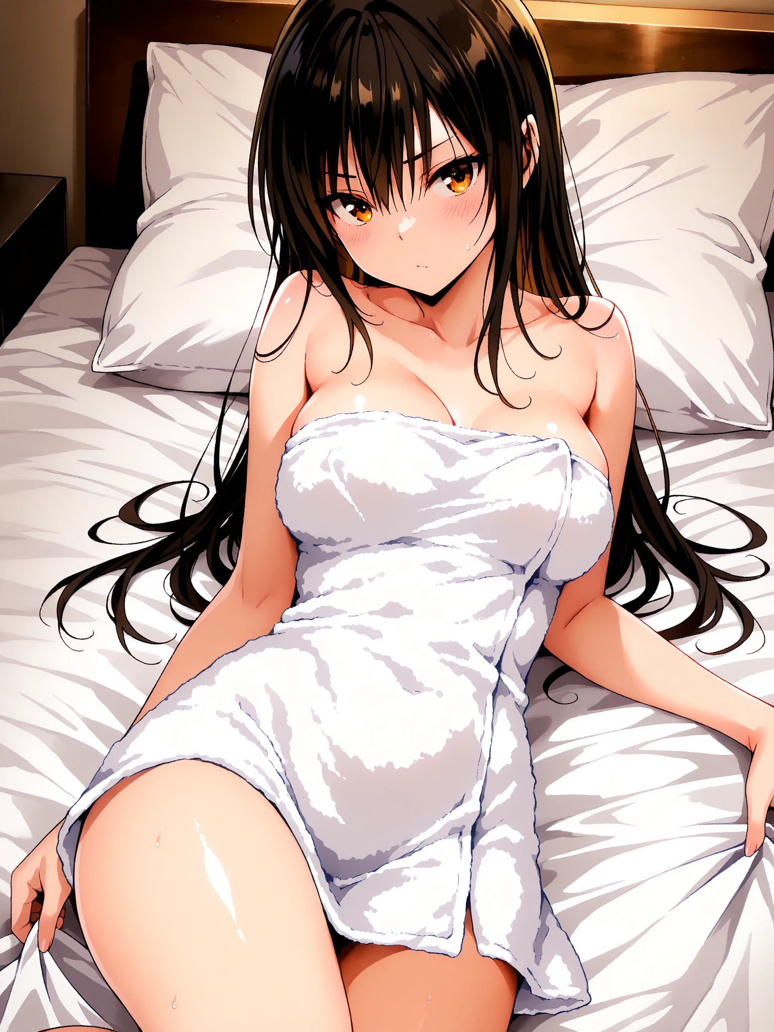 masterpiece, highest quality, Detailed face, Beautiful and detailed eyes, Beautiful Face, Perfect body, Official Art, grand plix award illustration, official art,Professional Lighting,
One girl, kotegawa yui, to love-ru,perfect body,black Hair, long Hair, brown eyes,
white collared shirt over naked,extra large shirt,sleeve past hands,lying on the bed,open arms,reaching out,
Style of Yabuki Kentaro, To Love-Ru art style,
libido expression, seductive smile