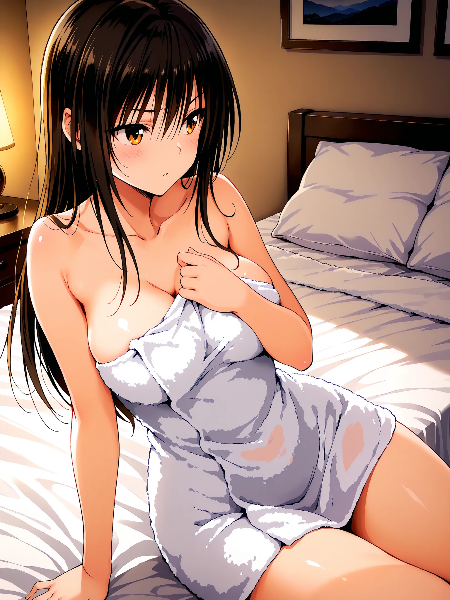 "Aerial view of a hotel bedroom", With beautiful real-life quality、Create perfect facial expressions and body details, A beautiful, slim, small, big-eyed Japanese junior high school girl who helps out at a resort hotel.、Showing a fat, grinning old man to his bedroom., Junior high school girls are wearing braless school uniforms、I lay on my back on the bed crying from nervousness.、I am holding out my student ID to the man., The fat man was grinning.、Caring for a girl