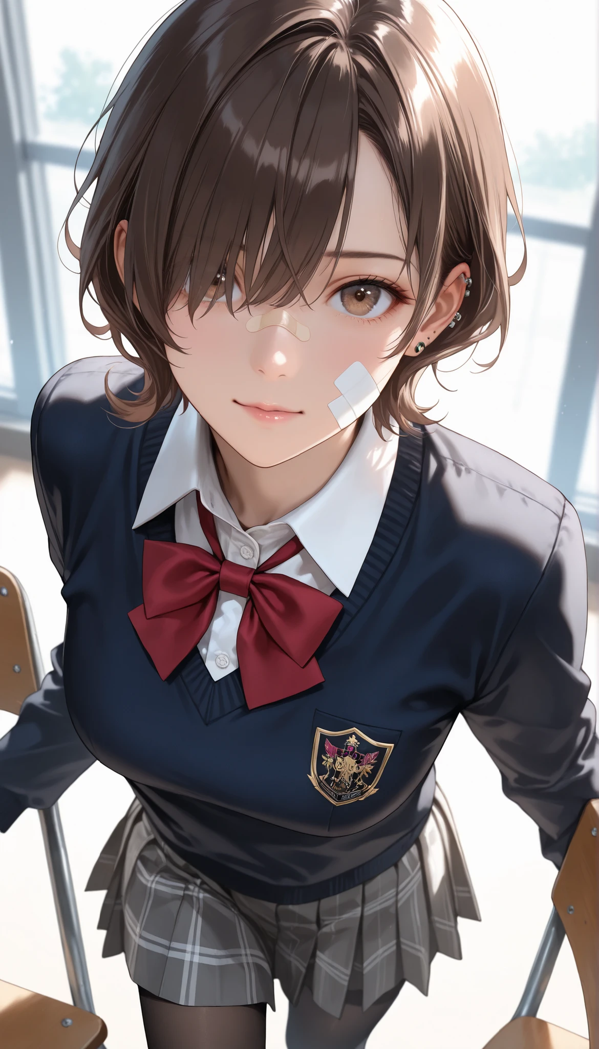 (looking at viewer,eyes focus:1.1),masterpiece, best quality, vibrant, very aesthetic, high contrast, semrealistic, newest, mature female,(1girl,18yo),student girl, brown hair, hair over one eyes, short hair, school outfit, school uniform, black stockings, defiant, ear piercings, wavy hair, band-aids, soft light, high detailed, best quality, cowboy shot, (torso facing viewer), (dynamic angle, kicking down a chair)