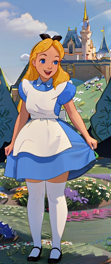 (masterpiece), (Best Quality), (extremely detailed), alicia lidell, Blue dress, White apron, black headband, Long white socks, Linda Pose, in a flower garden, (pond), (((Disney castle in the background))), (blue sky), (sunny day), 3D. illustration, Good highlights, perfect proportions, dynamic, professional, awarded, (very detailed skin), (Very detailed face), photorealistic, HdR, ultra high resolution, absurdities, perfect body shape, Nice smile, Realistic figure, posando very sexy, lying advance, very giant breasts, little bunny, cute little animal, very fat legs, very wide hips, very fat legs, very sexy, culaso, very big buttocks 