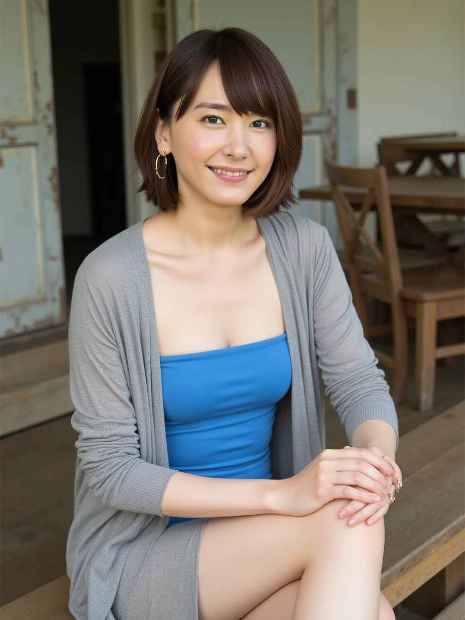 8K, Highest quality, masterpiece, Realistic, Realistic, Very detailed, Natural light, 1 Japanese female, 40 years old, Slightly brown-haired, short hair, White shirt, (Leaning forward to look into the floor camera), Detailed bending forward, Underwear and shirt, , Open neckline shirt with details, Her is visible, A refreshing smile, A friendly smile, Happy emotion smiley faces, Very detailedな顔と肌, Very detailedな目, Very detailedな顔と肌, Very detailed smile,