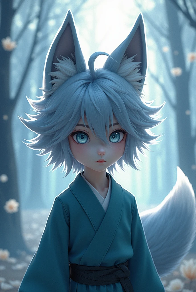  A kitsune boy with ash-gray hair and blue-gray and  