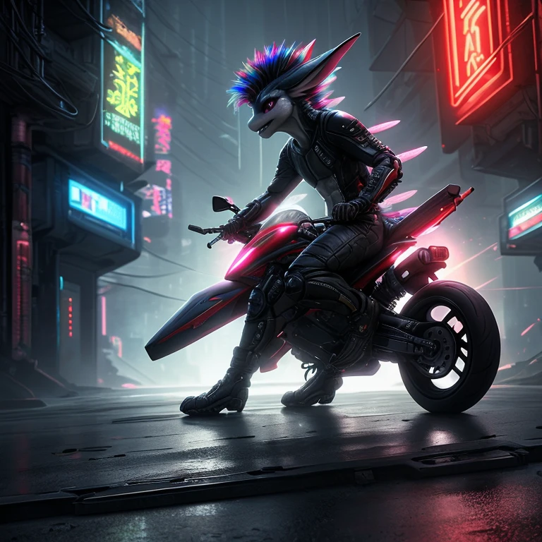(Furry、Lizard girl riding a bike)Fluorescent Body、Colorful Neon、cyber punk、Lane