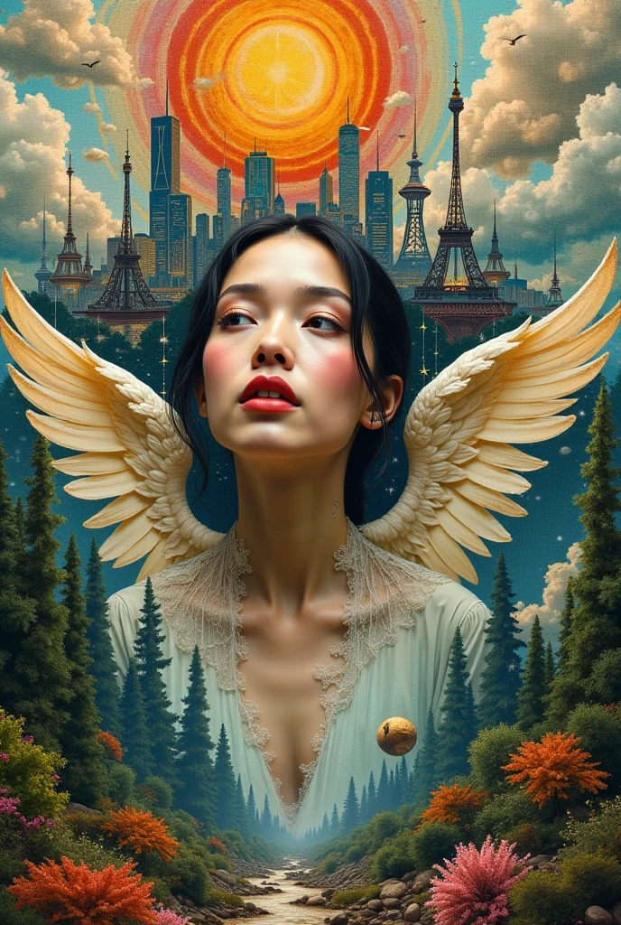 A surreal collage of vibrant colors and contrasting textures! A woman's face, serene yet curious, emerges from a tapestry of torn pages and forgotten knowledge. An angel's wings, delicate and ethereal, stretch across the composition, as if trying to bridge the gap between the lush forest and the city's steel skyscrapers. The collage's fractured framing reveals glimpses of both natural and urban landscapes, as if chaos has been unleashed upon a once-orderly world.