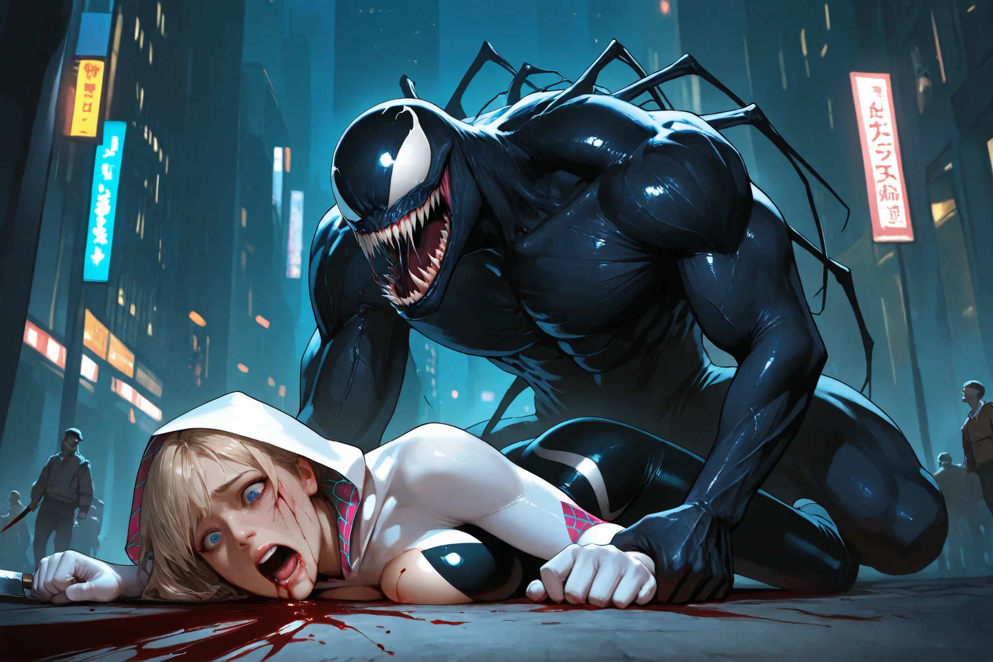 Sadistic, A giant venom slits a woman's throat, neck severed, head and body split open with blood, murdered, butchered, mutilated, venom holding blade, wounding woman, Crawling, Falling down, giant venom slits a woman's throat with a knife, blood, bleeding, execution, (background: on top of a skyscraper,The ending nuance of the film, Looking down on the city full of lights,Cinematic lighting, realistic images) (persecution) spider-gwen, beautiful girl, babby face, very large breasts, very large breasts, (), Hold your hand, grab your blade, train, grab your arse, Several people around her holding her hands and breasts, cuts on breasts, Crazy, horrified, bloody woman. The venom holds a machete and splits the head. human trafficking, bleeding, woman's head, open mouth, bleeding, In the cemetery, spooky, foggy area, night