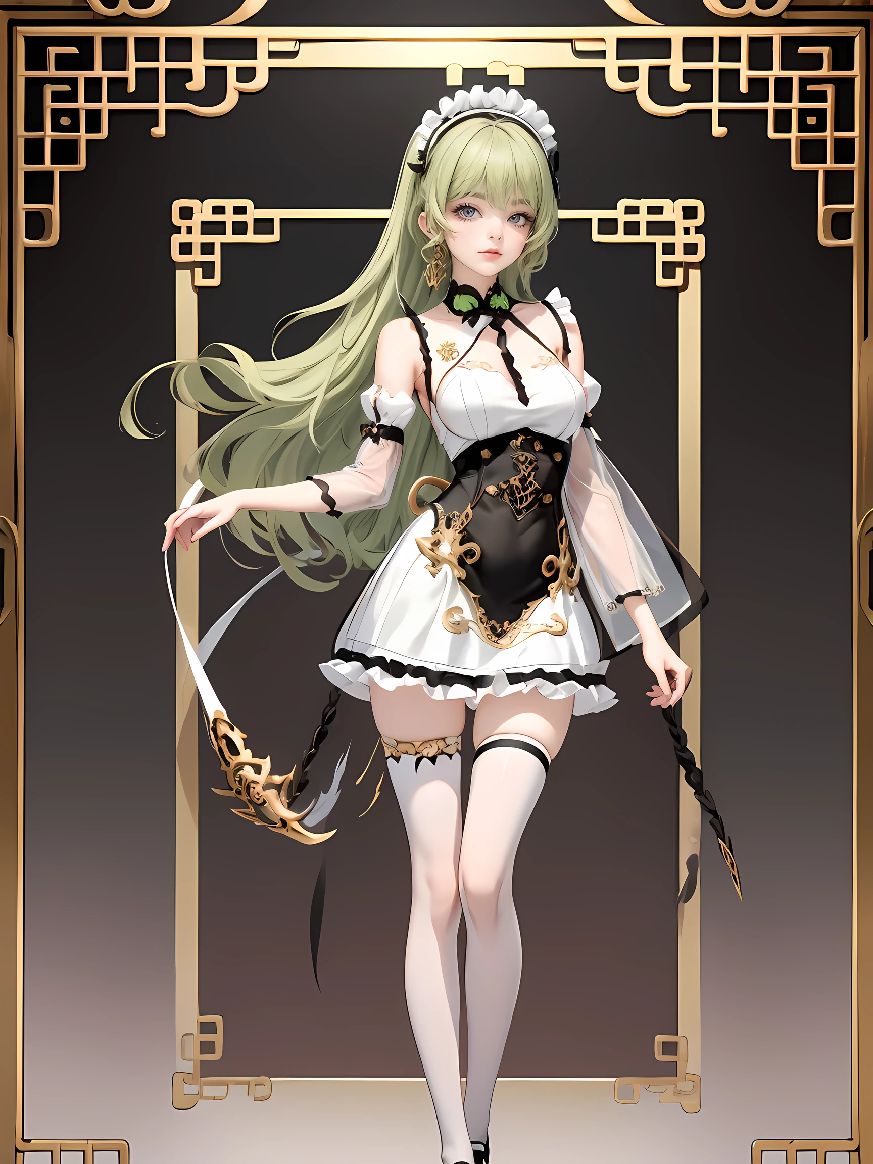 1girl, green hair, harness, black chinese cropped and skirt, chinese maid design, solo, buns hairstyle, symmetrical gloves, high socks, puffed socks, white cropped, harness, chinese maid dress, v neckline, garter on the legs, standing up, white apron, maid dress, chinese maid, chinese aesthetic, thigh gap, tassel, harness, very long hair, solid background, chinese maid uniform, puffed sleeves, transparency, too many frills in her dress, magical girl, perfect anatomy, gold jewelry, harness, jewelry, Cute pose, beautiful buns hairstyle, tassel, glow eyes, long hair with buns and bangs, high thigh, frills, harness, chinese maid uniform, transparency, chinese maid dress, white apron, garter on the legs, perfect legs, gold jewelry, solid background, standing up, blushing, maid headdress, chinese maid dress with too many frills, Chinese aesthetic, white skirt, puffed skirt, transparency, harness, centered girls, perfectly body, glowing hair, magical girl, more details on her clothes, luxury dress, tassel