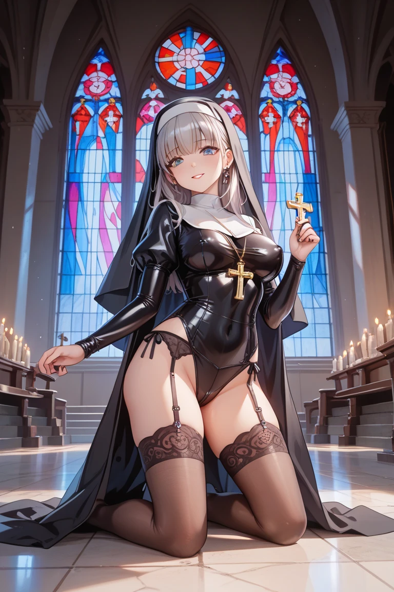 A beautiful woman dressed as a church sister, Strike a pose gracefully. She has a perfect face、, Expressive eyes, long flowing hair, And a kind smile. Her body is perfectly balanced, With a slim waist and beautiful curves. 彼女の教会のNunsたちの衣装は伝統的な要素で飾られている., Includes a modest dress with a veil and intricate embroidery. The embroidery is delicate, beautiful, Casually sexy, Enhance the elegance of your outfit. This dress has a high neck and long sleeves..., Decorated with lace and intricate patterns. The veil is of high quality, The translucent material flows gracefully over the shoulders... The background is soft and blurry、Focus on her.. Make your underarms look natural、Maintaining balance throughout the body. The character needs to appear graceful and confident.... Please show me your armpits, Embarrassing, Are crying, anger, (Nuns),(Cross Necklace), Latex bodysuit, Shiny clothes, Perfect fit for your skin, habit, Latex gloves,Black bodysuit,Thigh-high boots, No sleeve,