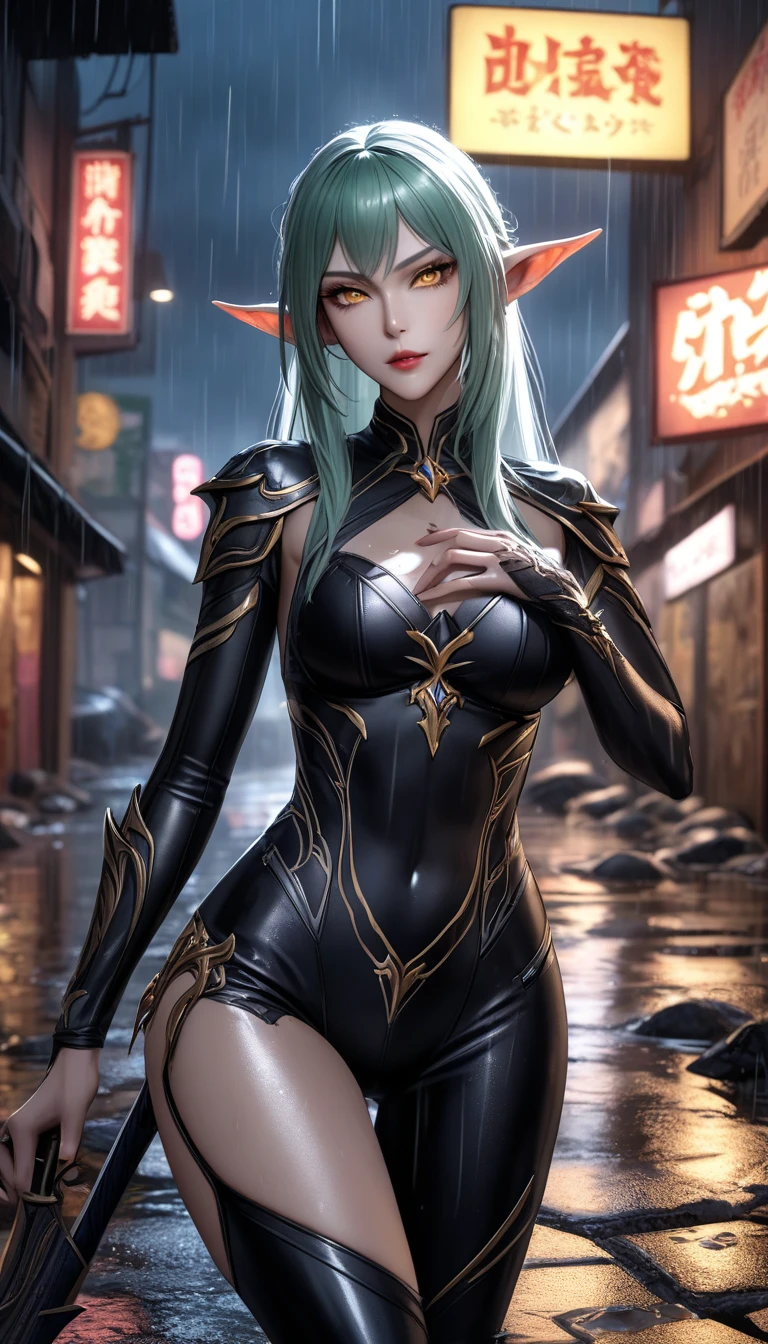 (longyi:1.4),<lora:1girl_40:0.9>,long white hair,green eyes,best quality,highres,absurdres,4k,raytracing,detailed,intricate details,1gitl,dragon horns,dragon tail,black jumpsuit,fair_skin,