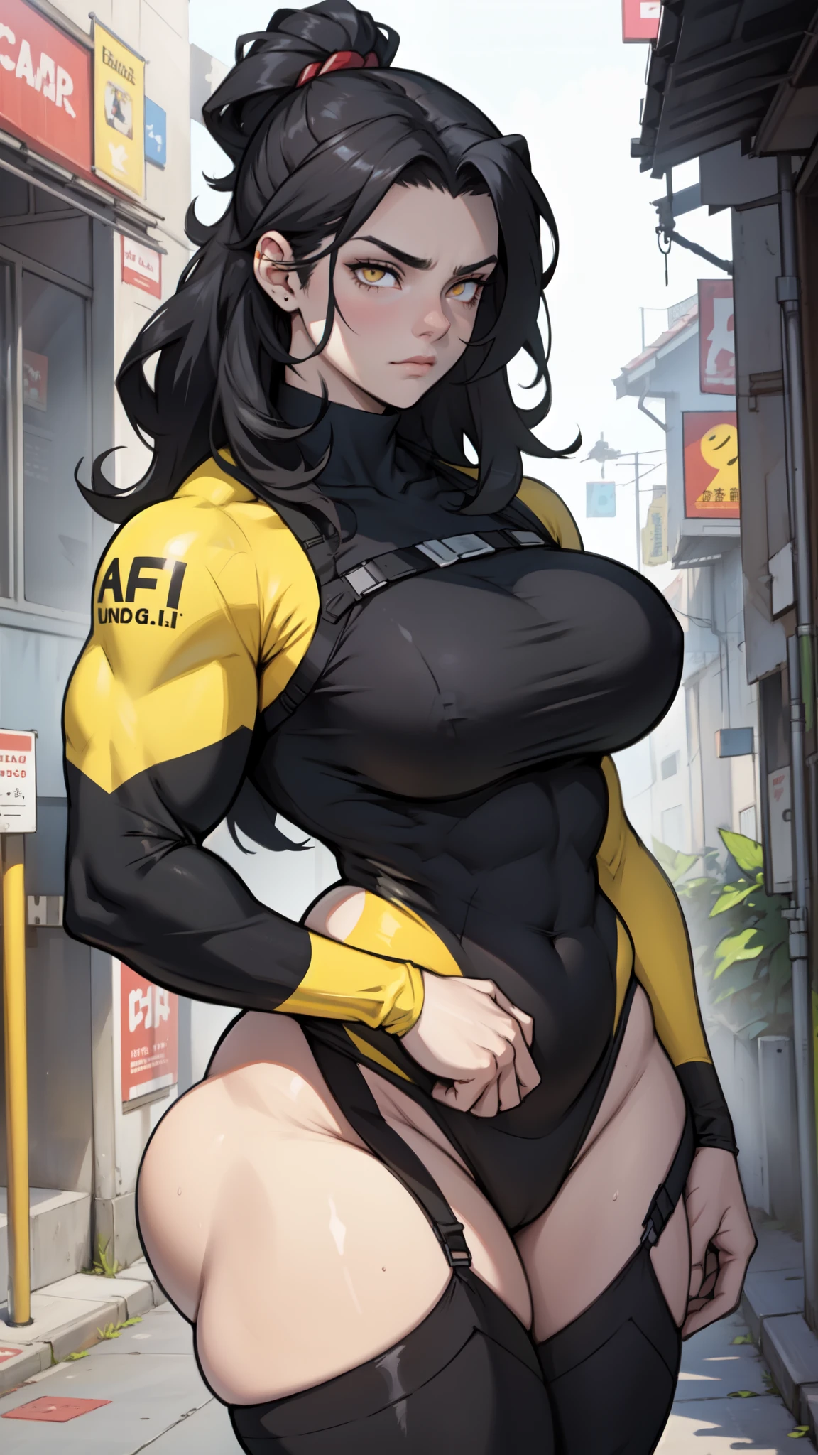 (1girl) pale skin (huge breasts thick thighs) black hair yellow eyes (swimsuit long hair grey background) Massive Female bodybuilder