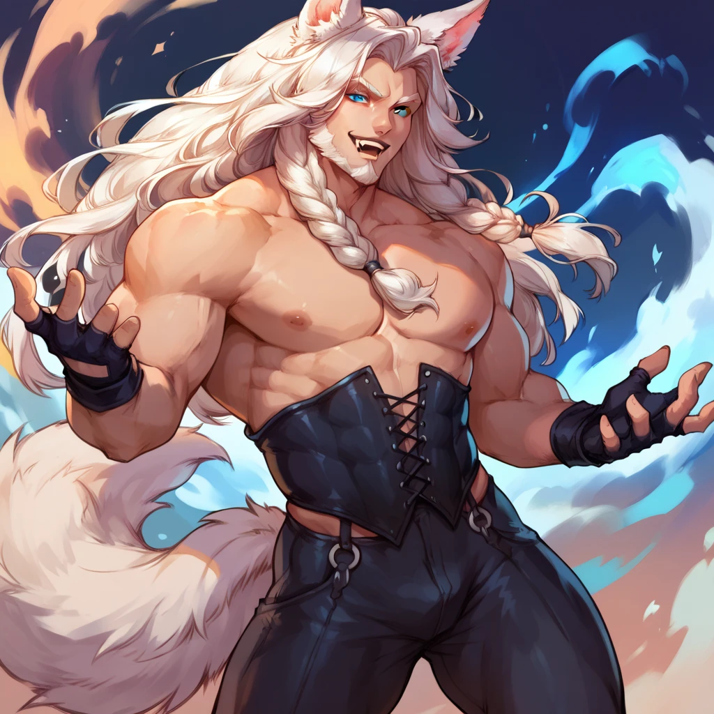 solo person,shaggy male,hairy bodies,shoun,coyote,canid,Gray fur,long white hair,The ends of the hair are purple,Purple eye,Bullied,adolable,Handsome,large tail,full bodyesbian,Stand on the clouds,Immortals,Deities