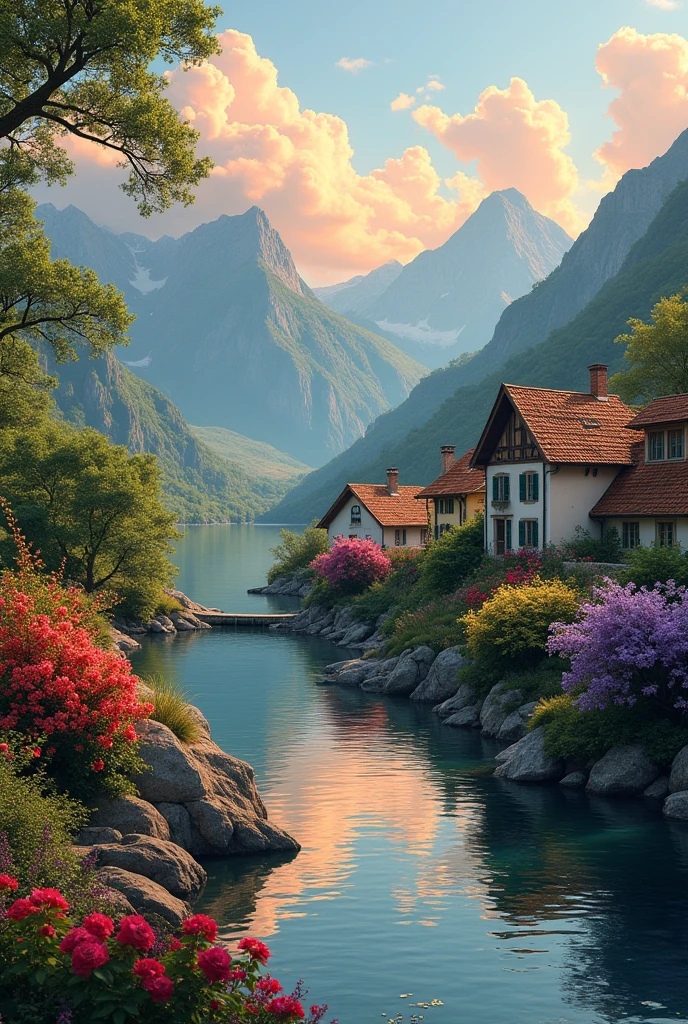 A small village by the river, mountains in the background, colorful flowers, detailed landscape style, beautiful natural scenery, atmospheric lighting,  scorching sunset ,  warm colors, practical, photographic, detailed foliage, complex buildings , cobblestone street, charming country house, vibrant colors, lush vegetation, reflections in the water, pitoresco, idyllic, work of art, Best Quality, 8k, extremely detailed, anime style