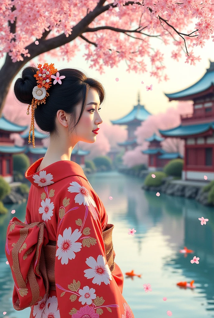 The Spirit of Kyoto in Spring

Description:
Create a scene capturing the serene beauty of Kyoto during the spring season, blending traditional Japanese culture with the vibrant life of nature. In the foreground, have a young woman in a flowing kimono, adorned with intricate floral patterns, standing beneath a blossoming cherry tree. Her hair is styled in a traditional updo with kanzashi (hair ornaments) that reflect the delicate details of her kimono. Soft pink petals fall gently around her, floating in the breeze.

In the background, depict the traditional architecture of Kyoto, with a historic temple or a torii gate visible. The architecture should evoke a sense of timelessness, made from dark wood with tiled roofs and delicate carvings. The setting should be peaceful, with a river running through the scene, reflecting the soft colors of the sky, and small fish swimming in its waters.

Add elements of nature such as koi fish, cranes flying in the distance, and a subtle mist in the air to enhance the ethereal feel of the scene. The artwork should evoke a sense of tranquility and harmony with nature, embodying the elegance and rich cultural heritage of Japan.

Style: Use soft, watercolor-like brush strokes for a gentle, dreamy effect, focusing on the natural beauty of the scene and the textures of the kimono. Incorporate traditional Japanese elements such as stylized waves, clouds, and the use of gold accents in the details to bring out the cultural richness.





