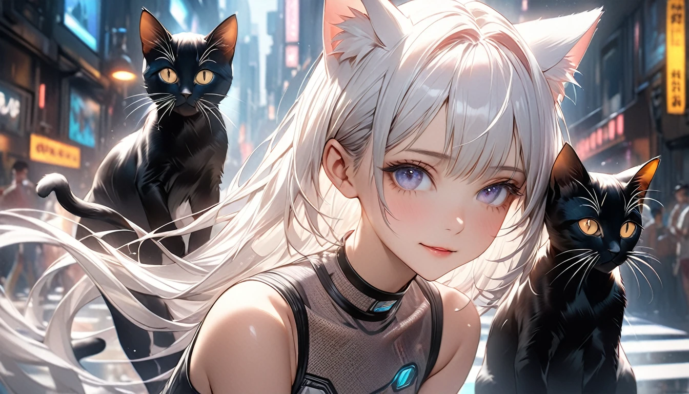 Imaginative、intricate illustration in cyberpunk hyperrealistic art style, A translucent white bust of short hair and (Black cat ears) Ether Machine Girl who came out of a large transparent culture tank, She is wearing beautiful clothes, , fluffy white hair growing ??????????? cat ears. Brush Blur Effect,( High Quality, high accuracy, 4K, 8k:1.5), Super Detail.Transcendental Technique Paintings,ultra-fine painting,Movie Lighting, sharp concentration,  bright colors, Pro shooting resolution, Award-winning 8k、super detail、最High Quality、Ultra High Resolution、

pretty beautiful girl with long hair、Girl's style（Body type）8 heads　is slender and has delicate, slender proportions like a model、Eyes are slender eyes（strong, beautiful eyes）。
 cute long haired girl,Slender, Skinny, Lean,delicate body、
猫耳ヘッドフォンを着用♪
髪の毛は長く幻想的な色合い、draw with warm light reflection in mind、Flying in the air。
wear high-class top and bottom set clothes with stylish patterns。　

I'm listening to music with my kitten at JAZZBAR where American motorcycles are displayed。
kittens are on the side、seems happy。
draw with warm light reflection in mind、


 motorbike 　low＆long custom American、long front、with thick rear tires、beautiful patterns drawn、
