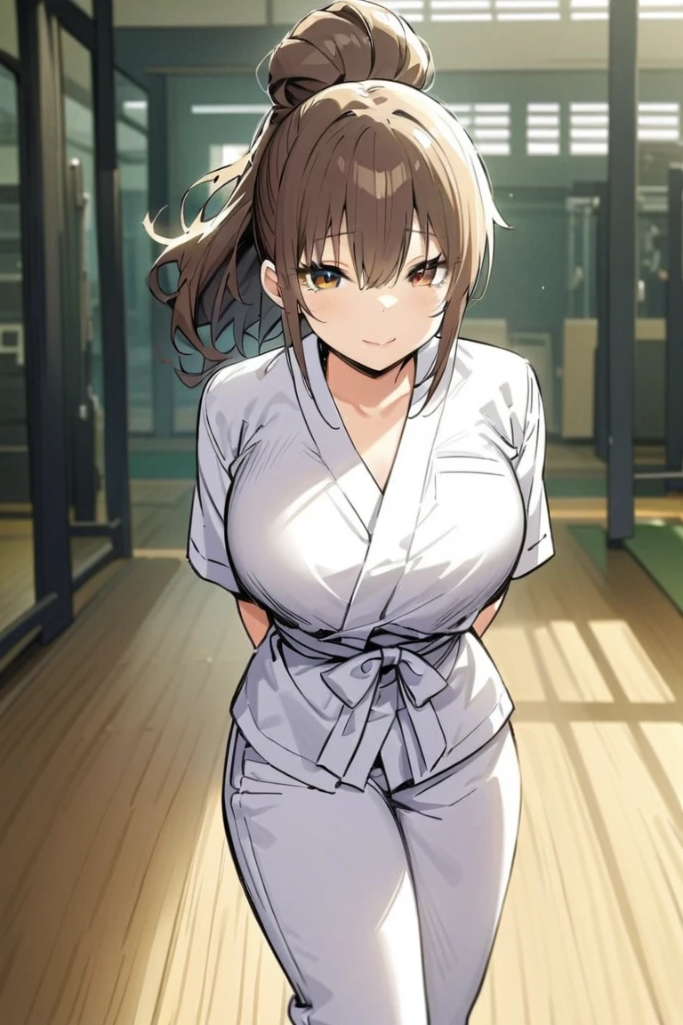 1girl, mature, mature woman face, (43 years old), tanned skin, muscular, strong, fit, tall, wide, beautiful, karate gi, brown hair, brown eyes, messy medium hair, wide shot, best quality, highres, high details, 8k, masterpiece
