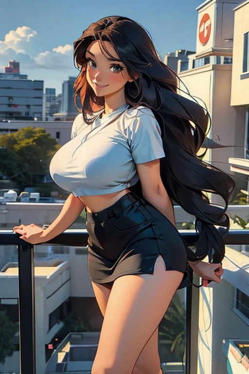 anime, portrait of a 28 year old woman taking a selfie, mischievous smile, long hair, dark hair color, stylish hairstyle, side hair long lush hair, long curls of hair pulled to the sides, Braids within the hair, curvy body, proportional body, sexy girl, beautiful mature girl, lovable character, crop top, short skirt, clarity, detailed, detailed face, very detailed drawing, smile, flirty look, city background, saturated background, perfect composition, soft natural volumetric cinematic perfect light, masterpiece, in frame, face prominent in the shot