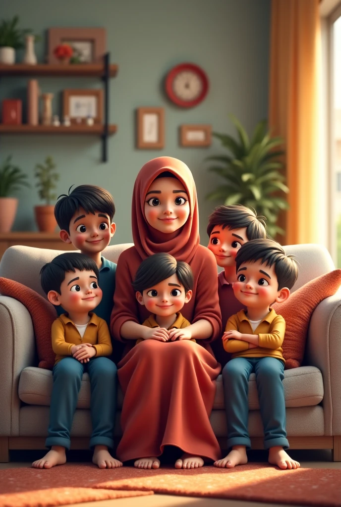 ((3 hijabless male sitting)), ((3 hijabbed females sitting)), caricaturized, cute face, casual fashion, fantasy art, happy expression, extreme detail, masterpiece, cinematic lighting, 4k, indoor background