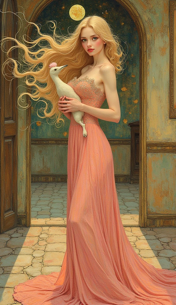 Women smilling in a long pink dress, long blonde hair, green eyes, holding in her hands a small ren, archetype mother and ren, in a big house full of light 
