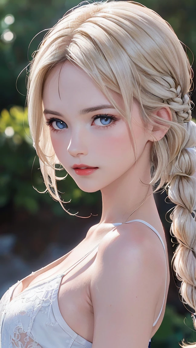 masterpiece, 1 beautiful girl, Delicate eyes, Purebred face_v1, Top quality, Ultra high definition, (Realistic: 1.4), Japan, Korea, very beautiful, Beautiful skin, slim, (Realistic), (high resolution), (8K), (Very detailed), Delicate face, Bright lights, Professional lighting, Looking at the audience, Face straight ahead, no clothes, Big nipples, Platinum hair, Long hair, hair tied back, , small braids, Bangs, hair accessories,