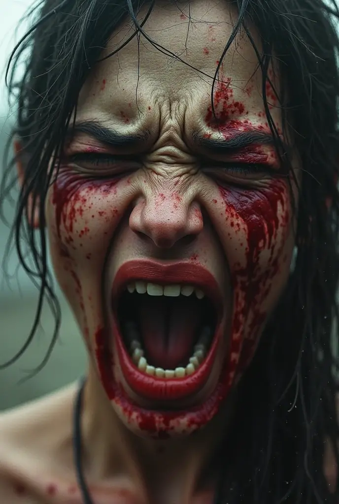 cinematic, close up photo, woman covered in blood, scars, in shock, wounded, apocalyptic city, survival