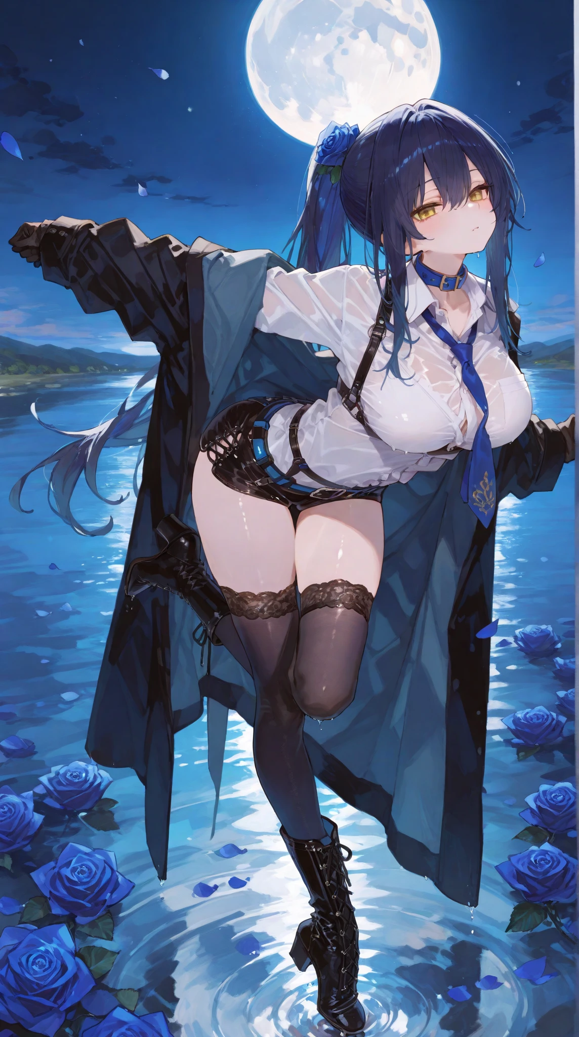 BREAK (masterpiece:1.2), best quality, high resolution, unity 8k wallpaper, (illustration:0.8), (beautiful detailed eyes:1.6), extremely detailed face, perfect lighting, extremely detailed CG, (perfect hands, perfect anatomy),castle,towers,night,stars,moon,starfalls,waterfall,twin braids, long hair, blue hair, blue eyes
white shirt, wet shirt,collared shirt,nipples,nipples see through,no bra,witch hat, black hat,white panties, wet panties, camel toe, shy face,cleavege,neckline,sleeveless,sit on grass,spread legs.