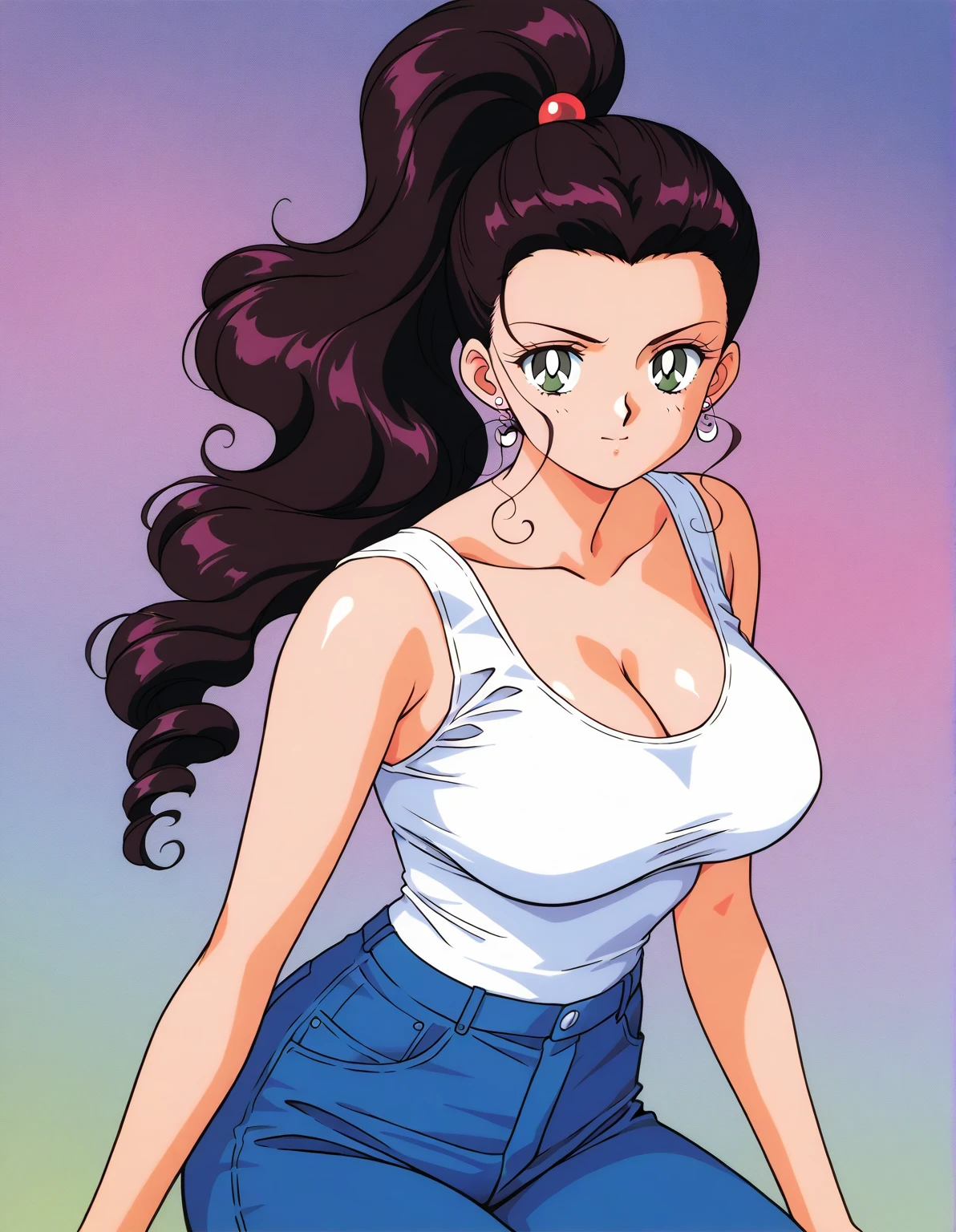 Woman with long, curly black hair with a strong body