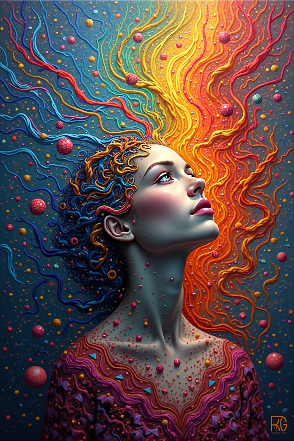 Artwork description “Spectrum of Thoughts”
As colors weave around her, the subject's gaze is turned upward, reflecting on the complex beauty of the world. This piece symbolizes the search for one's own identity in the midst of life's vivid spectrum. The initials  "RG" right down