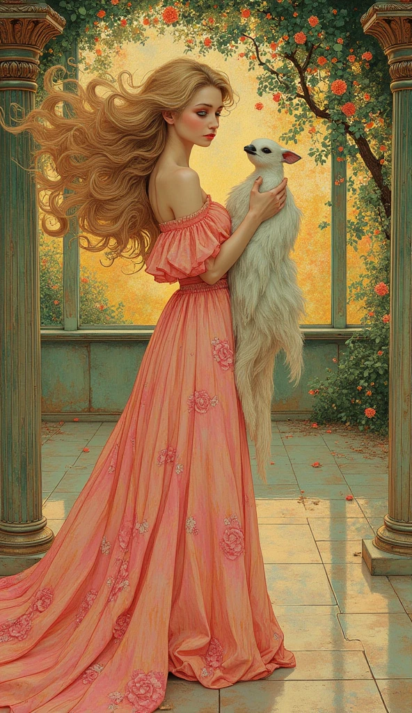 Women smilling in a long pink dress, long blonde hair, green eyes, holding in her hands a small ren, archetype mother and ren, in a big house full of light

