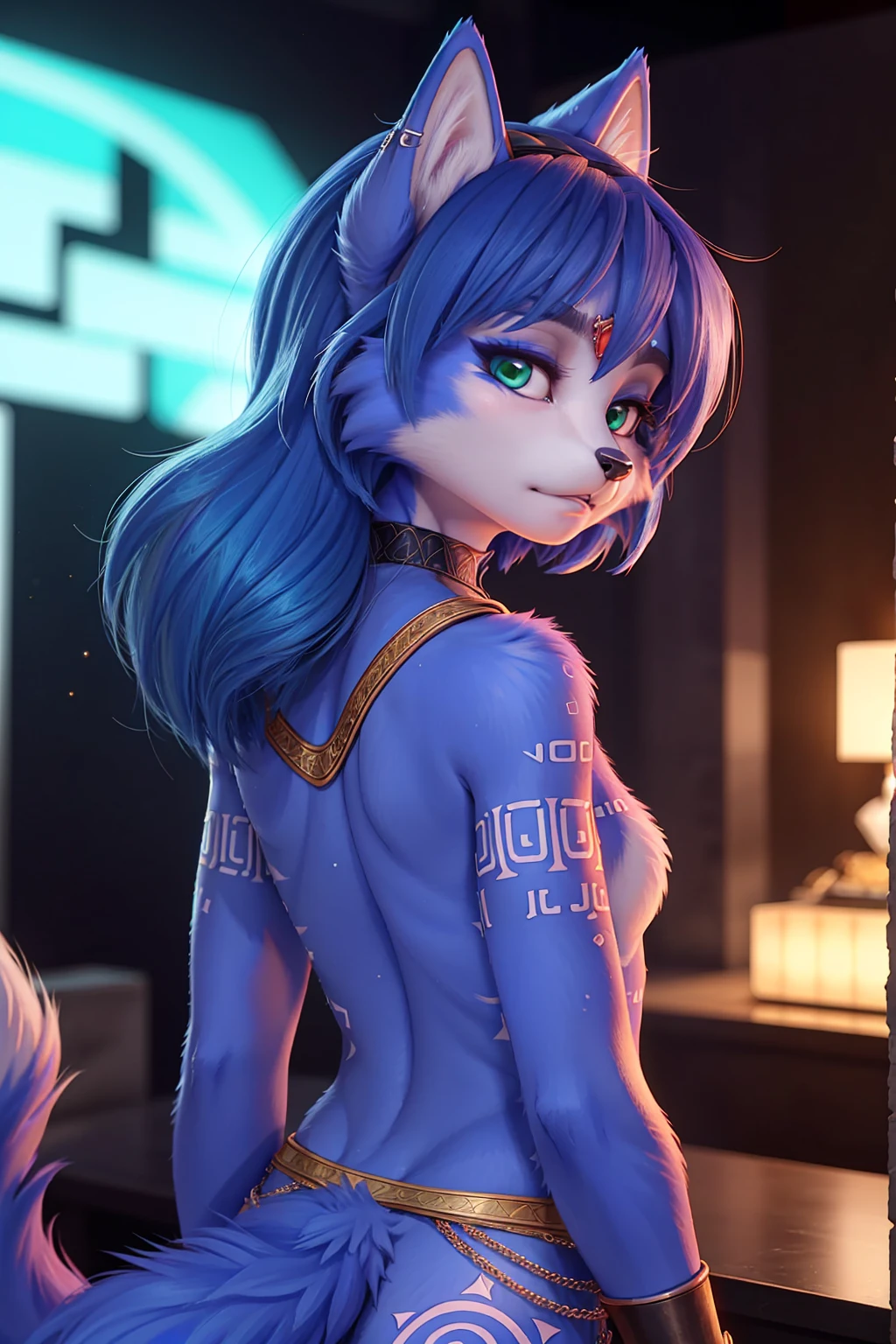 A beautiful and detailed (sweet picture) wa ((krystal)), Star Fox Krystal, sslim, lovable, green eyes, medium breasts, (((Long blue hair 1.3))), ((Tips for black hair)), Decollete, grin, look up,, anthro, furry, Uploaded E621, detailed fluffy fur, (wa Fluff-Kevlar, Bayard Wu, personalize me, Pino Daeni), detailed face, (fluffy), 1 girl, alone, sweet girl, alone , sitting in a sex club in a torn dress, legs split, Panties wet,