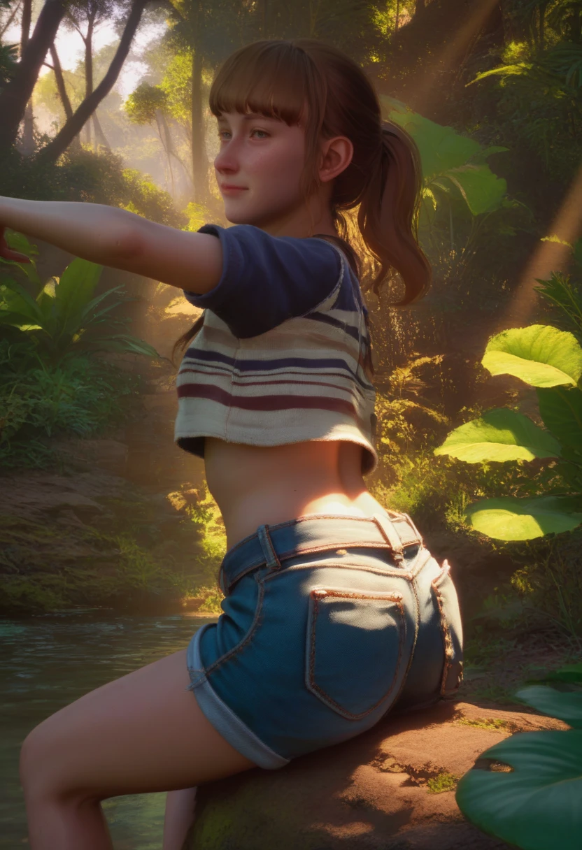 High Resolution, Masterpiece, High Quality, High Definition, Focus on Face of One Young Woman, Human Figure, Overlooking Large Forest from Back, Mountain Landscape, Forest, Nature, River