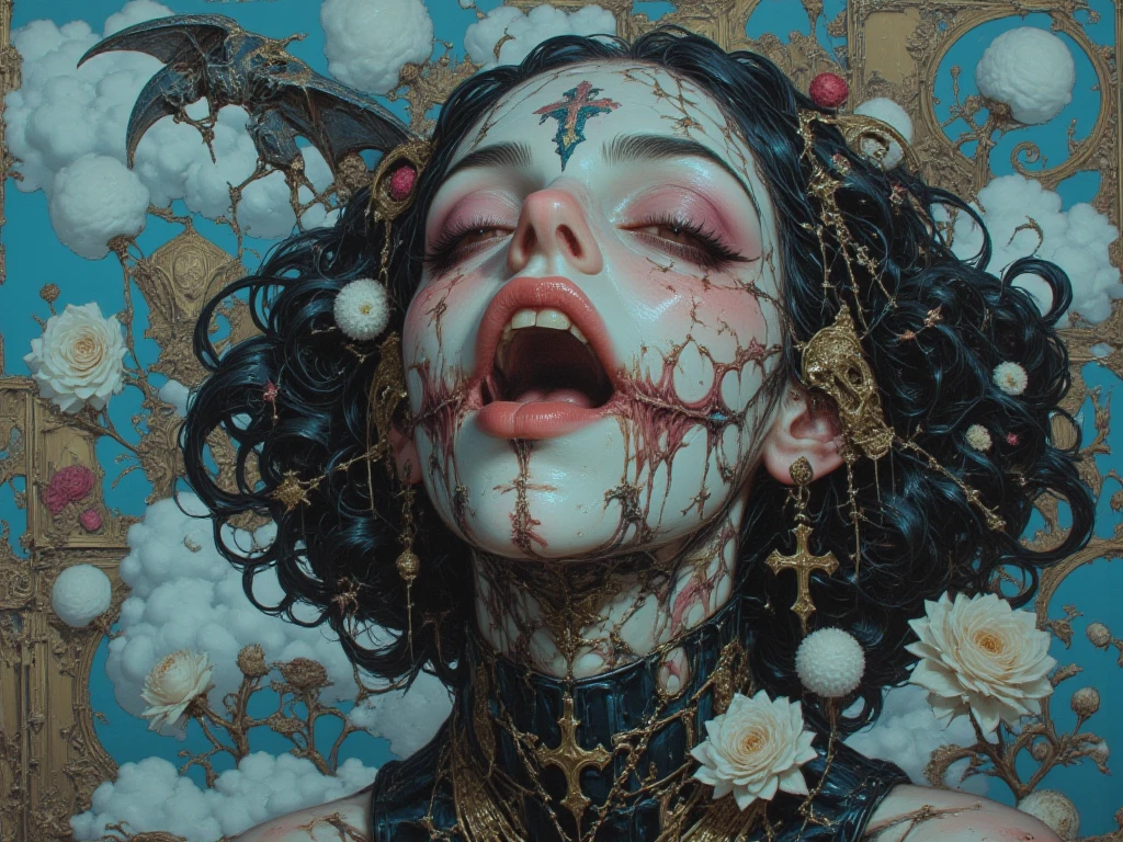 Imagine a cute Gothic little slut, fingering her female genitalia, aswell as inserting an elongated tongue of a cheeky, whimsically evil demon, it spreads her buttocks cheeks apart, in a horror fantasy world full of little demon beings and silaciban hallucinatory mushrooms, ornatly detailed, intriquet bugs, and a coiling serpents den where they are seen doing there sensual activities