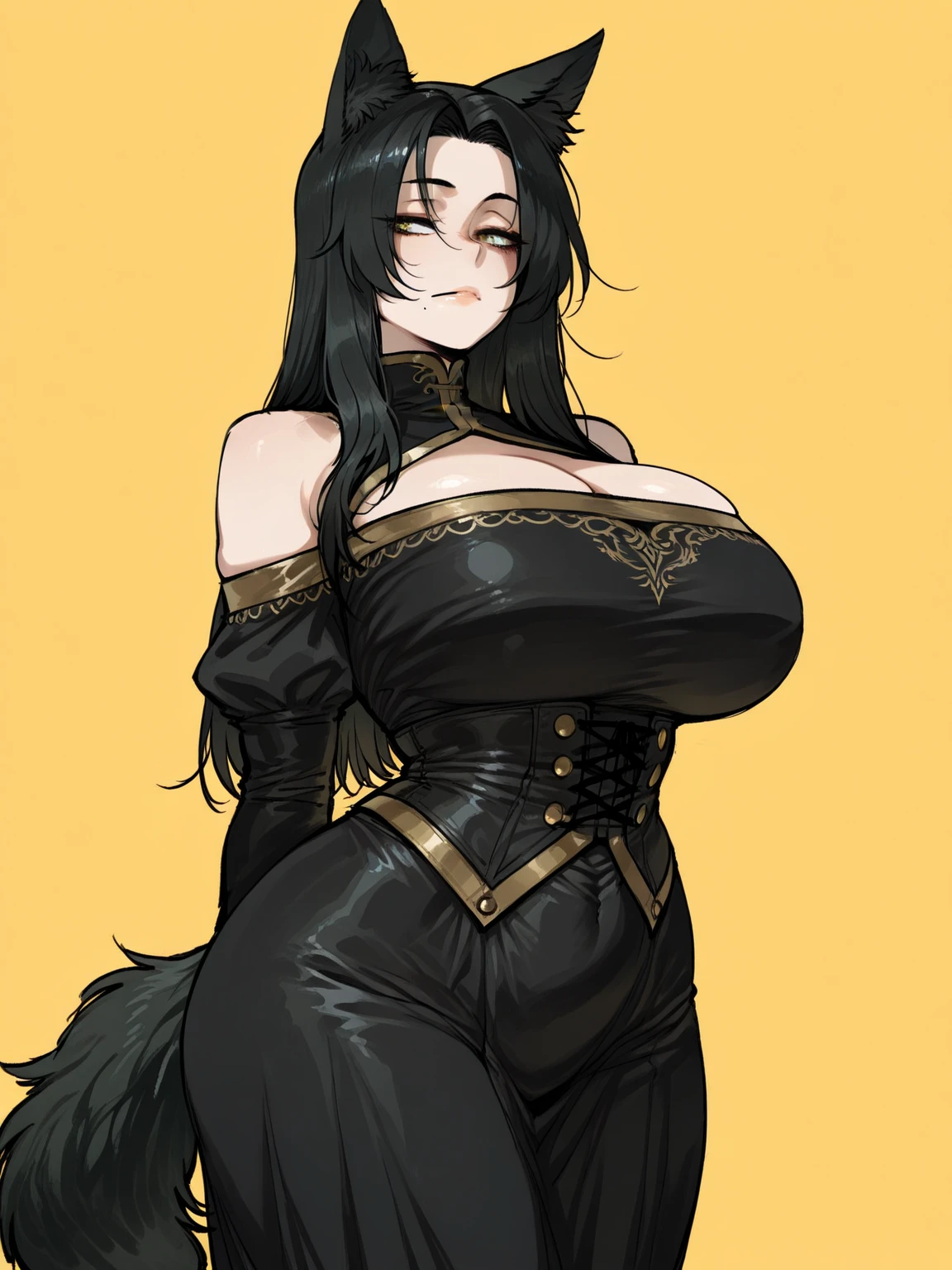 (masterpiece, best quality, absurdres, 4k, aesthetic, detailed, intricate),1girl,delta,wolf ears,black bodysuit, cleavage cutout, gold trim, navel, black pants, black gloves, fur trim,huge breast,tail  <lora:delta-nvwls-v1:0.9>