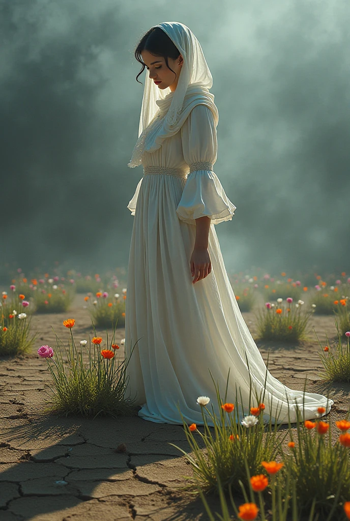 Can you create and manage where is around dark and land is dry but there should be a woman who wears white long dress and snood and when her tears drops the land there should rise flowers and grasses
