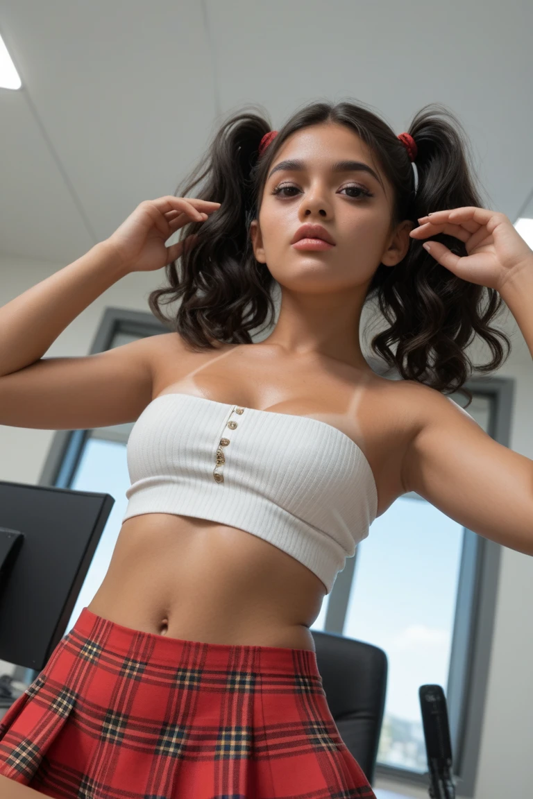 21-year-old girl with long dark hair is combed with two pigtails, ellas tiene un cuerpo muy bonito y grandes senos, she is dressed as a cheerleader, y en sus manos tiene sus pompones, porrista hermosa