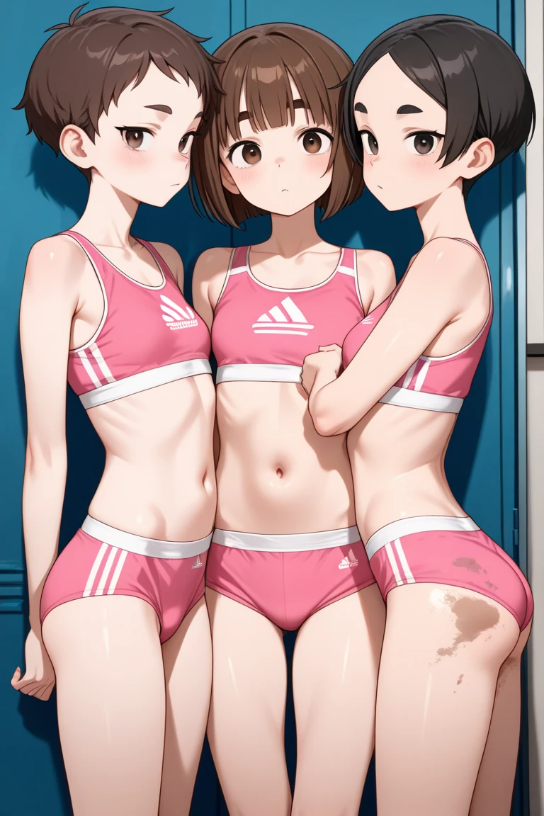 masterpiece, best quality, multiple girls, 10yo, (petite),
 smile, standing, sports bra, small breasts, (group selfie), locker room,