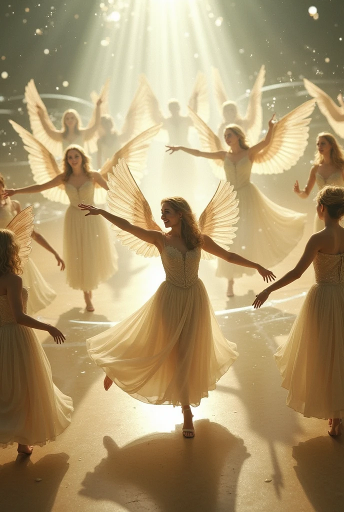 A captivating scene featuring three people interacting with a majestic angel statue with wings. The first person on the left has curly hair and is wearing a patterned top, looking surprised. The second person in the middle has long, wavy hair and is dressed casually, gazing intently at the angel. The third person on the right has straight hair and is wearing a white outfit, making a gesture with their hands. The background is softly lit, emphasizing the intricate details of the angel sculpture and the emotional expressions of the individuals.