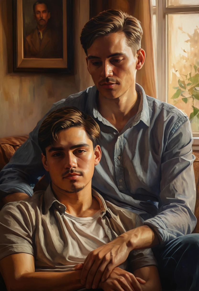 a young man sitting on his father's lap, realistic portrait, detailed face, soft expression, relaxed posture, cozy interior environment, warm ambient light, earthy tones, oil painting, extreme detail, masterpiece,4K
