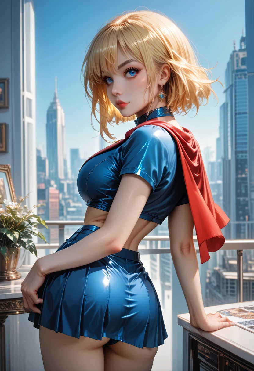 Super girl merge with power girl, sexy, sitting on bench, metropolitan background, sexy, alluring, sensual, multiple limbs