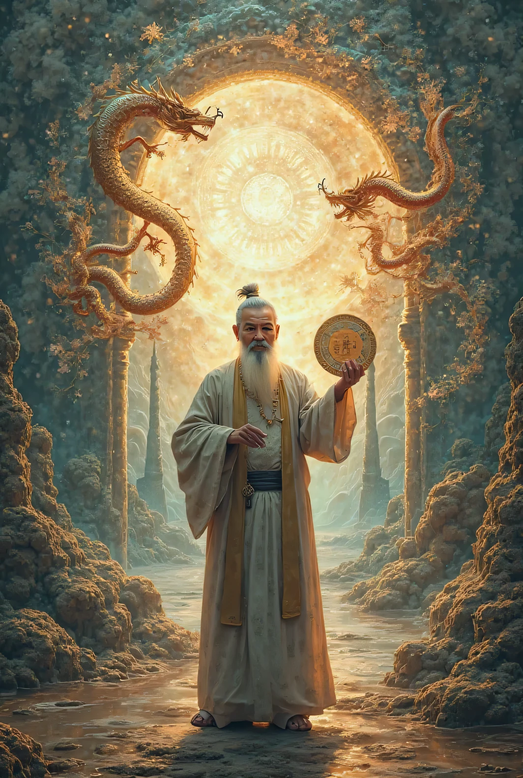 Create a surreal painting where an ancient, mystical space merges with soft, ethereal light. At the center is the image of a feng shui master, exuding a calm and dignified demeanor with deep, mysterious eyes as if holding the universe’s secrets. Dressed in traditional attire, the master holds a shimmering ‘su âm dương’ in his left hand while gently lifting a finely detailed Bagua mirror in his right hand, symbolizing the harmony of yin and yang energies. Surrounding him, feng shui symbols such as dragons, phoenixes, majestic mountains, and flowing water form a backdrop that is both magnificent and imbued with an enigmatic aura, opening a door to the mysteries of fate and the universe.”