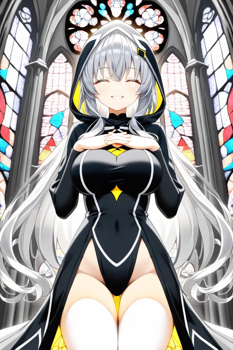 score_9,score_8_up,score_7_up,sauce_anime,high resolution image, long silver hair , ,big breasts,Stained glass in the cathedral, looking at the viewer , parted lips, , curvilinear, black sister costume with her face on her side , 床に座る , Inner thighs , Subjective Perspective , Bird's-eye view , folding hands in front of the chest , wears a hood , smiles , seiza , close eyes