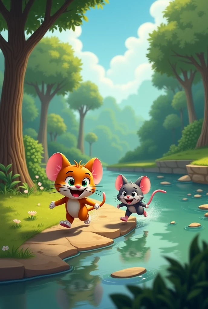 Depict Léo and Remy (( the mause)), who are the same as before, following the map through various challenges. They are crossing a slippery stream and climbing a grassy hill, with the surrounding garden filled with lush greenery. Remy's blue hat and Léo's yellow shirt make them stand out against the natural backdrop