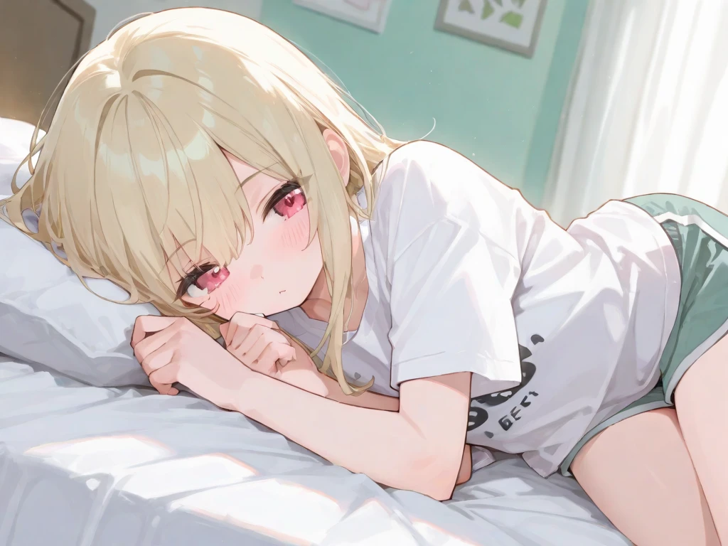 girl, bed, messy hair, (just woke up), *Rubbing my eyes), blond hair, red eyes, hugging a doll