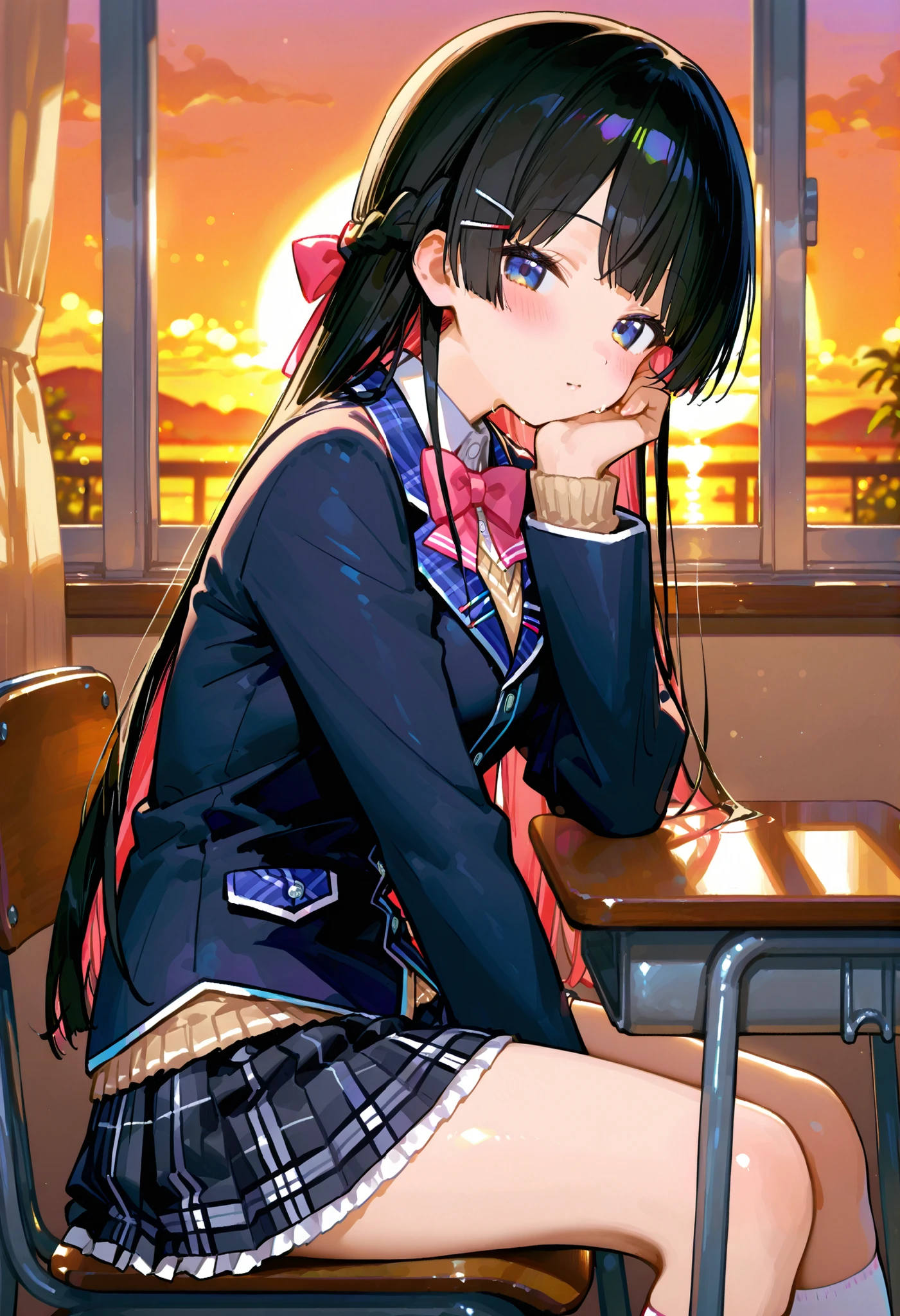 748cmstyle。Tsukino Mito(Nijisanji)。Classroom。1Girl。chair。turn back。blazer uniform。 two-color hairpins 。Sunset