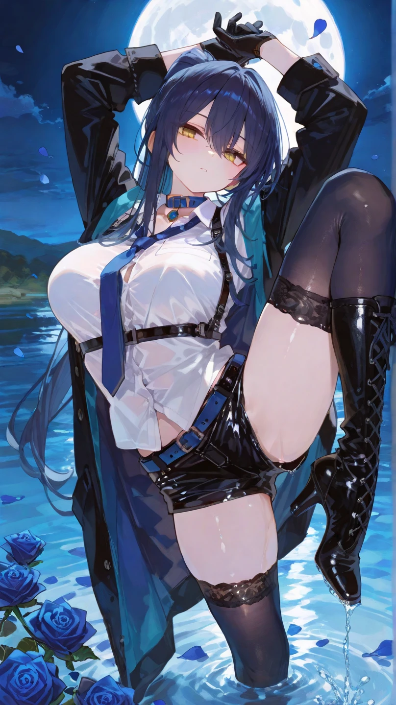 1 girl,Further details,Beautiful background,Waterfront,gem,Light blue eyes,ponytail,,Dark purple long hair,Saggy breasts,Big Breasts,Full nudity,Black Lingerie,large bulging nipples,Pussy,Expose,