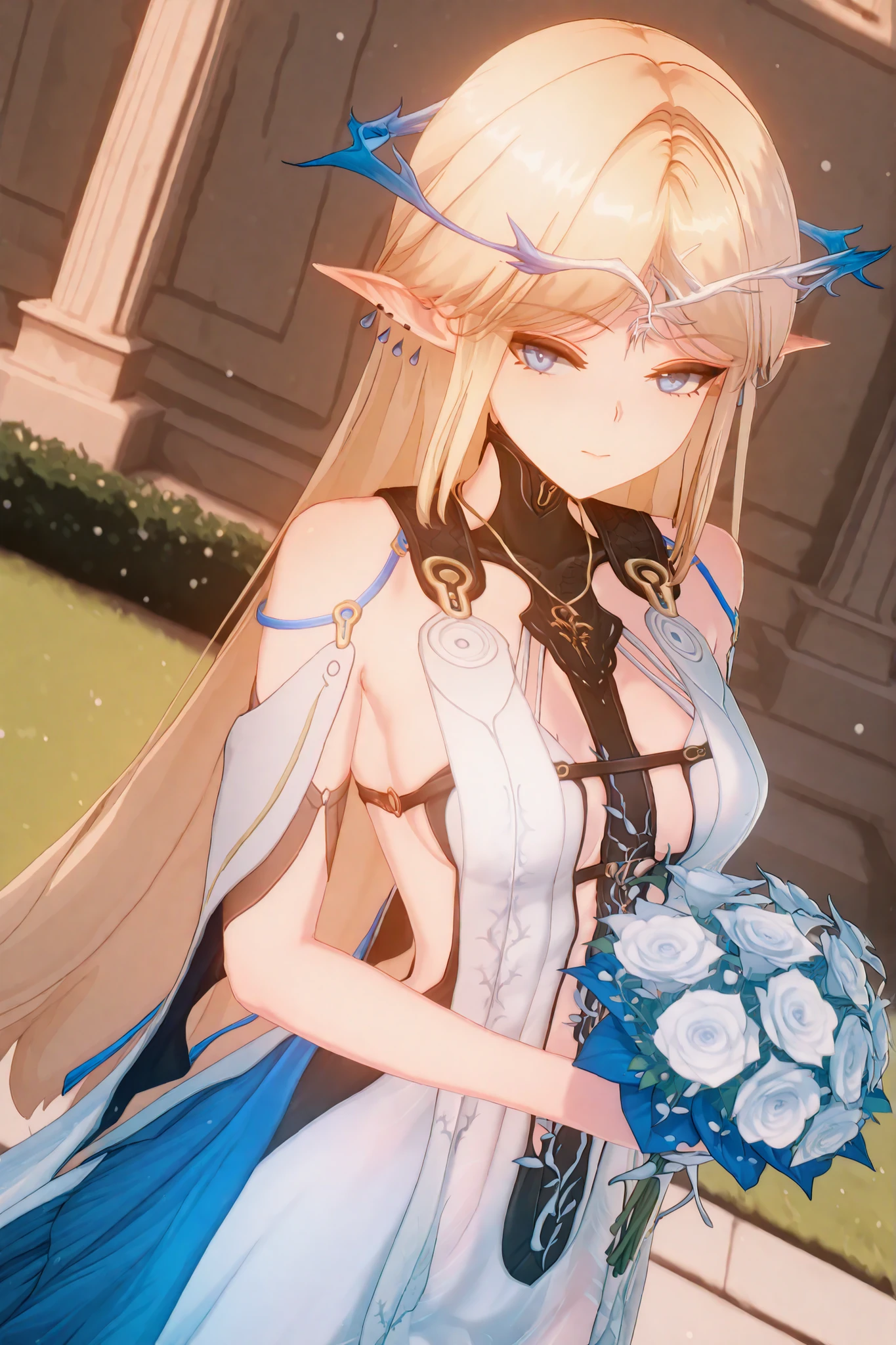 Masterpiece, best quality,1 girl, solo, wearing a wedding dress, holding bouquet of flowers, in garden, medium wide angle,Cartethyia,blond hair, medium breasts, Blue eyes,elf ear, ethereal light