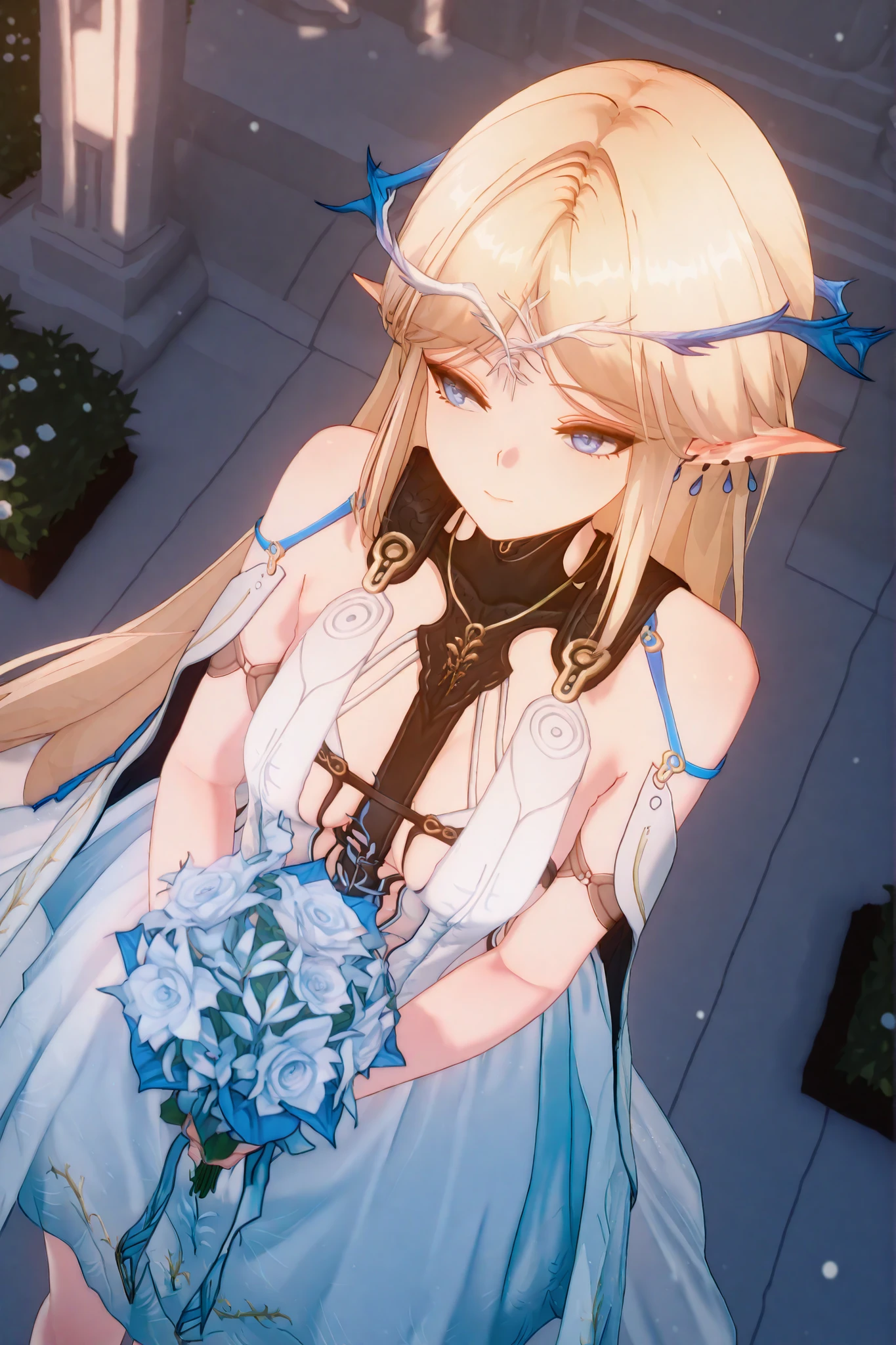 Masterpiece, best quality,1 girl, solo, wearing a wedding dress, holding bouquet of flowers, in garden, medium wide angle,Cartethyia,blond hair, medium breasts, Blue eyes,elf ear, ethereal light