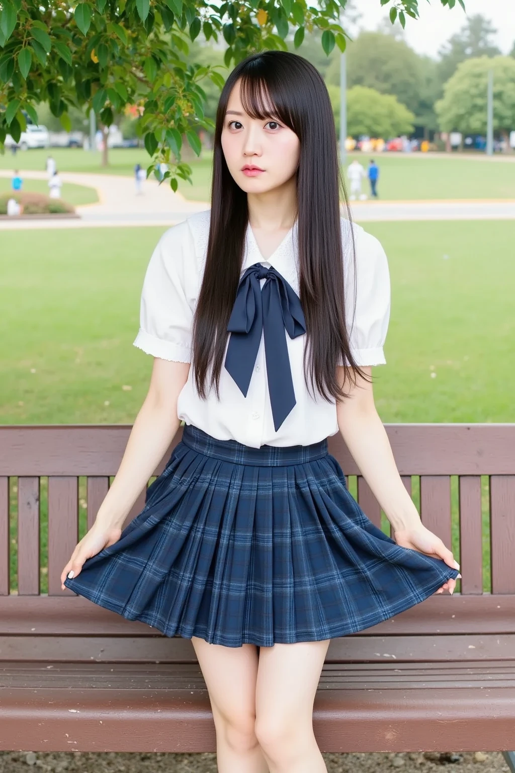 super mini skirt（Blue plaid）An 18-year-old high school girl wearing a white shirt.（black hair ponytail）