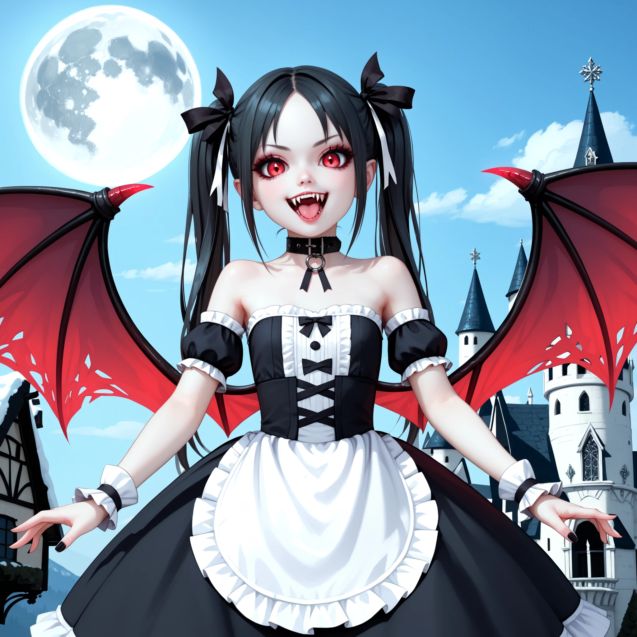 close-up, solo, lone, cute, creepy, horror, beautiful,  feminine, european vampire girl, magical goddess, grey skin, upperbody, ((young)), petite, short, dress, hair ribbon, bare shoulders, long teal twintails, (teal twintails:1), gothic lolita, gothic outfit, flat chest, collar, black ribbon, straps, maid outfit, white frilled sleeves, detached sleeves, choker, dark teal hair, red crimson eyes, looking at viewer, black chocker, perfection, flawless, royal, luxury, rich, clear blue sky, outdoor, evil castle, medieval winter lands, lolita fashion, black hair ribbon, standing, playing with her hair, hand in hair, dark cold night, freezing, pale skin, mean laugh, black manicure, large white vampire fangs, highly detailed masterpiece, high resolution, mean bratty face, very mean, (large set of flaming succubus wings behind her back:1), freezing spell, ice shards, from below, cowboy shot, high quality, (bold pose:1.3)
